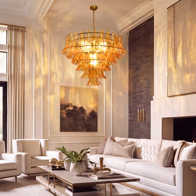 Artisanal Amber Glass Multi-Layer Pendant Light - Vintage Mid-Century Elegance With Golden Accents