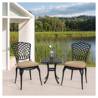 3 Piece Rustproof Patio Bistro - Cast Aluminum 2 Chairs & 1 Table Black Cushion, Classic Design, Easy Assembly For A Charming Patio, Garden, Balcony Outdoor (3 Piece) Round Cushion Included,