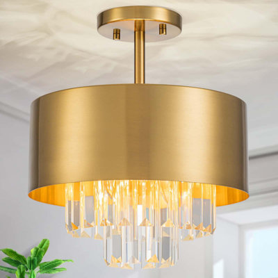 K9 Crystal Semi-Flush Mount Ceiling Light, 3 Lights Gold Brass Finish With Clear Crystals