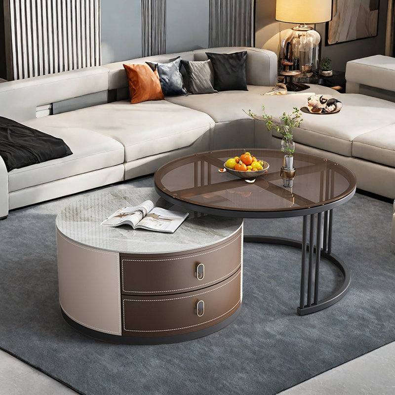 Ensemble de tables basses Modern, H 17,7 po x L 31,5 po x l 31,5 po, Transparent / brun clair / multicolore