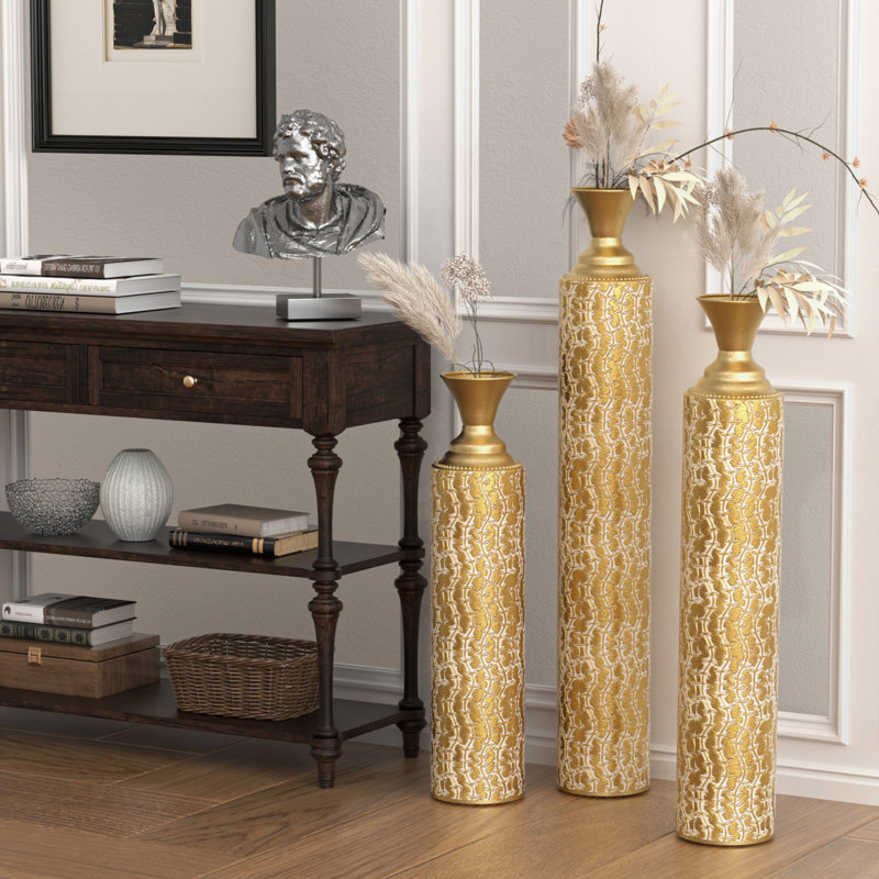 metal centre vases with growing vine patterns, set of 3