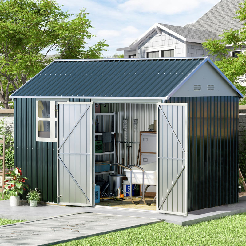 Remise de rangement extérieure en acier 10 x 8 pi avec portes et fenêtre verrouillables, parfaite pour le jardin, la cour et le patio