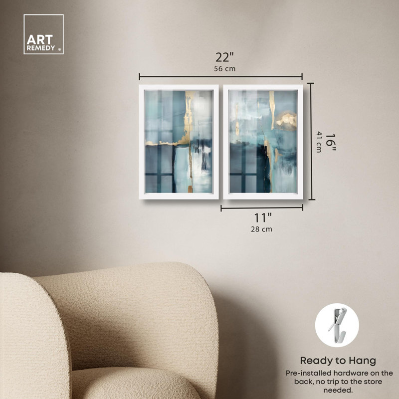 Ensemble de 2 panneaux dorés de luxe bleu , H 16 po x l 11 po, Blanc
