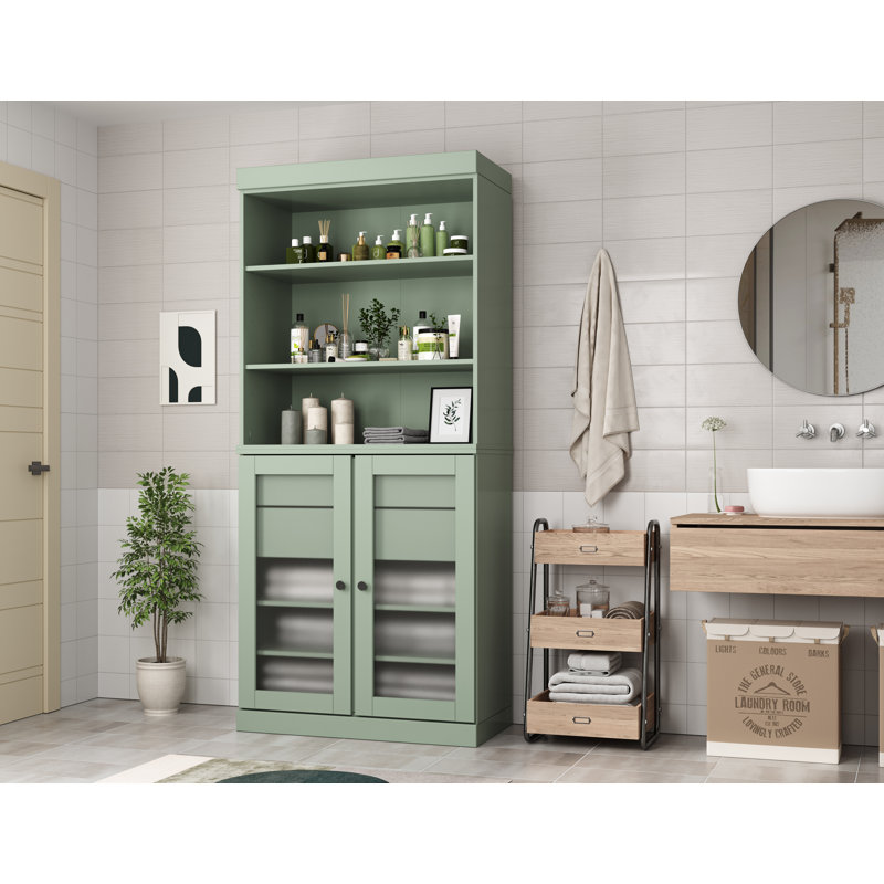 32" 100% Solid Wood Freestanding Bathroom Cabinet with Frosted Glass Doors, 2 Drawers & Adjustable Shelves – Modern Bathroom Storage