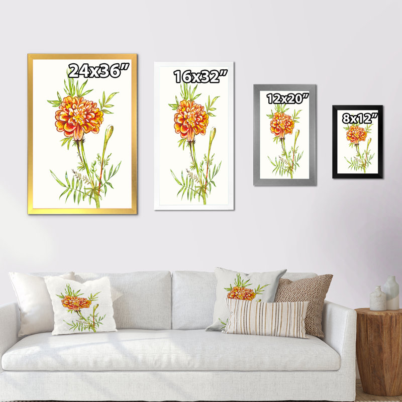Fleur de souci orange en fleur - œuvre d'art traditionnelle sur toile, H 20 po x l 12 po x P 1 po, Cadre photo noir