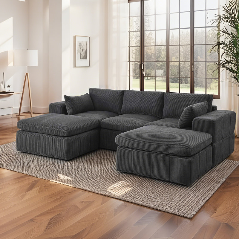 Canapé modulaire en forme de U de 106 po avec 2 repose-pieds en velours côtelé avec 2 coussins pour le salon