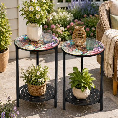 Ensemble de 2 tables rondes de patio, tables d'appoint en métal à 2 niveaux avec motif papillon