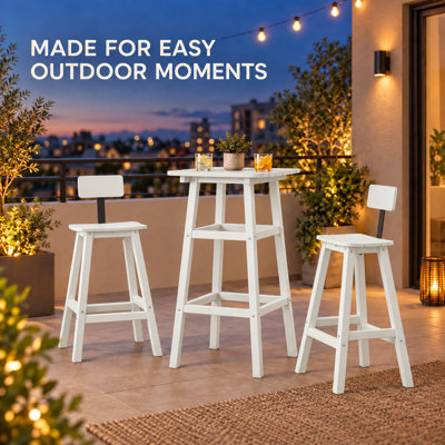 Ensemble de table de bar avec 2 tabourets, table haute carrée de 107 cm (42 pouces), aspect bois texturé blanc, tabourets avec dossier et repose-pieds, gain de place pour terrasse, jardin ou balcon.