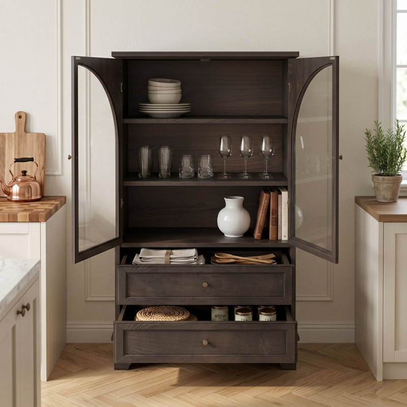 Vitrine à porte en verre arquée 52 po avec 2 tiroirs, tablettes réglables, finition en placage de bois véritable, armoire de rangement pour le salon, la salle à manger et la chambre à coucher