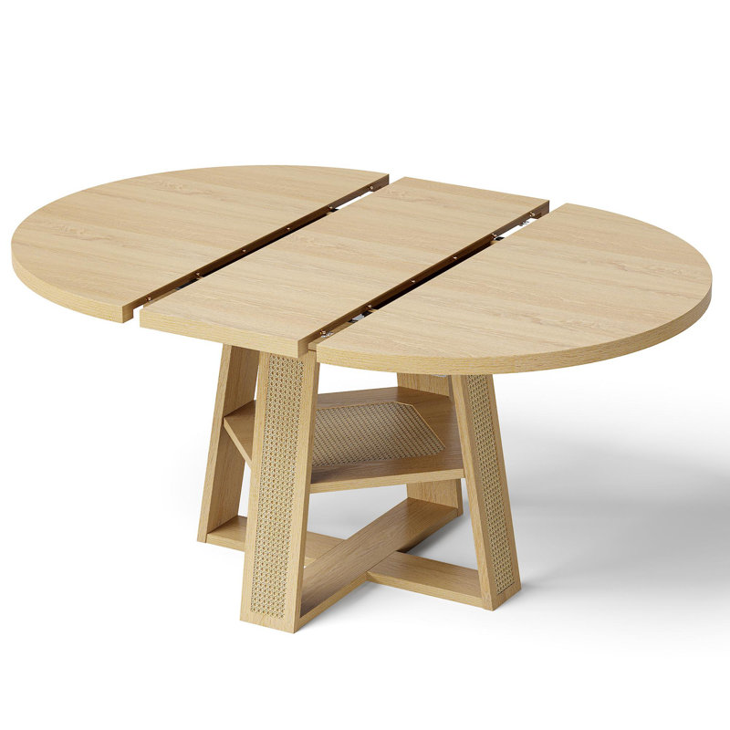 43"-59" Extendable Round Dining Table For 4-8, Natural Rattan Oval Dining Table With Removable Leaf, Lower Storage Shelf, For Dining & Kitchen Spaces