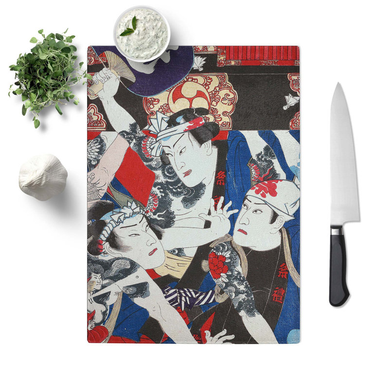 Tempered Glass Three Actors by Toyohara Kunichika Chopping Board, 20 cm W x 28.5 cm L