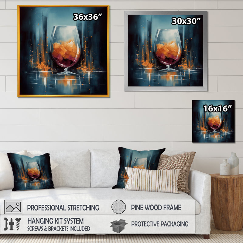 63183_Glam Cognac Glass I - Fashion Wall Art Living Room, H 16 po x l 16 po x P 1 po, Cadre flottant noir