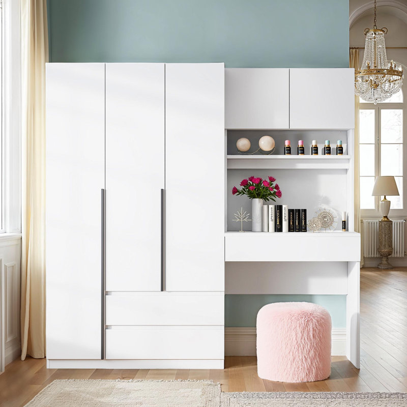 Armoire de rangement intelligente à 3 portes avec bureau intégré, Blanc
