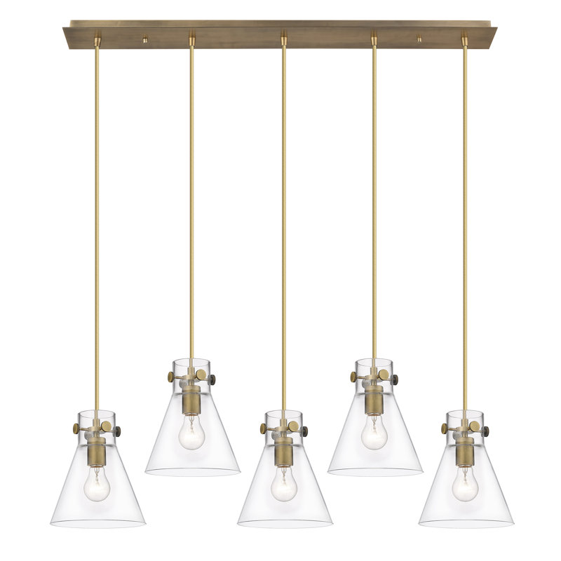 Luminaire suspendu conique à 5 lumières Amrith, Laiton brossé, Transparent
