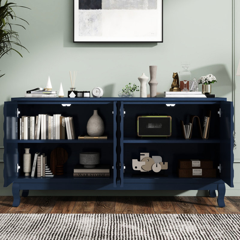 Buffet à quatre portes avec motif ondulé sophistiqué - salon, meubles de rangement spacieux, lignes, Marine