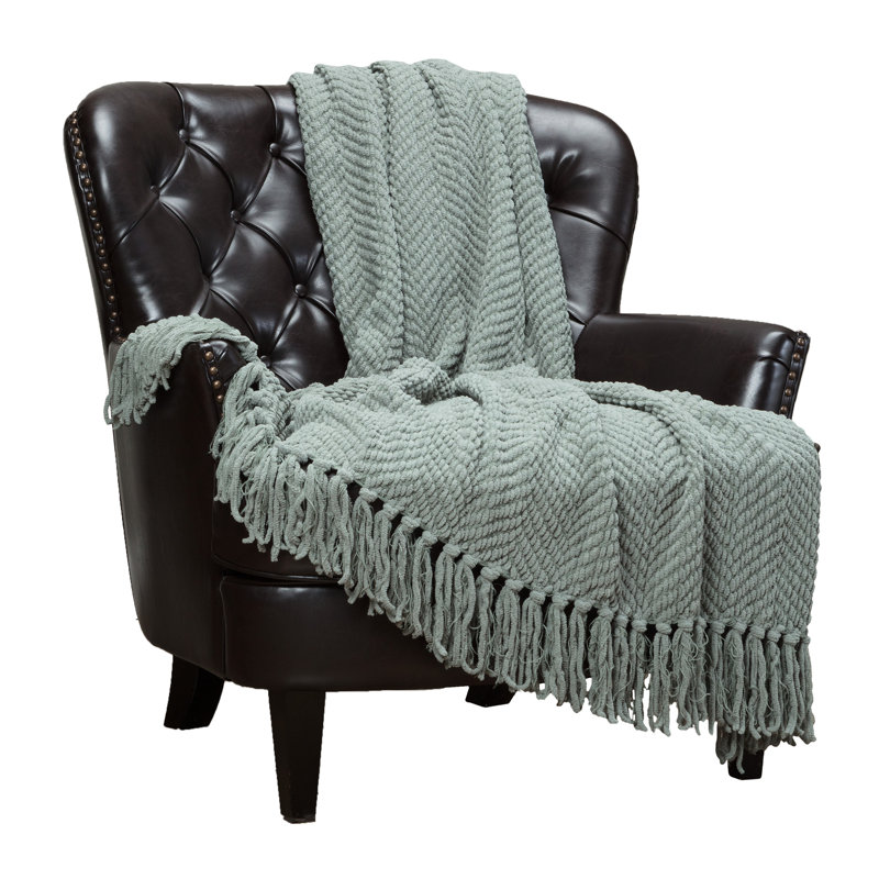 Tan Sage Knitted Throw Blanket with Tassels - 50" x 65"