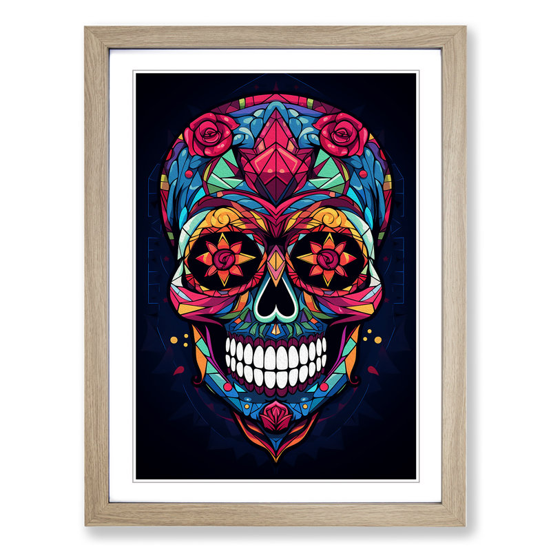 Sugar Skull Geometric No.2 - Single Picture Frame Print on Wood, Oak Framed, 46cm H x 34cm W x 2cm D