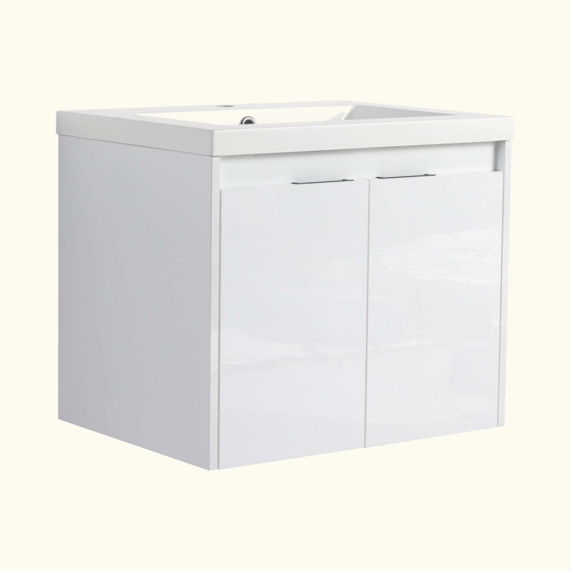 Meuble-lavabo de salle de bain avec lavabo en résine, 2 portes à fermeture douce et 1 armoire latérale, conception à fixation flottante, contreplaqué (emballage KD)