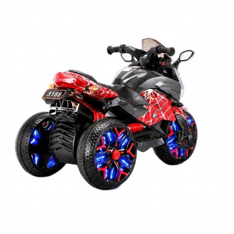 Moto électrique pour enfants bleue, batterie 12 V 7 Ah, deux moteurs 390, port USB, indicateur de charge, musique, roues lumineuses, connexion sans fil pour téléphone, selle en cuir
