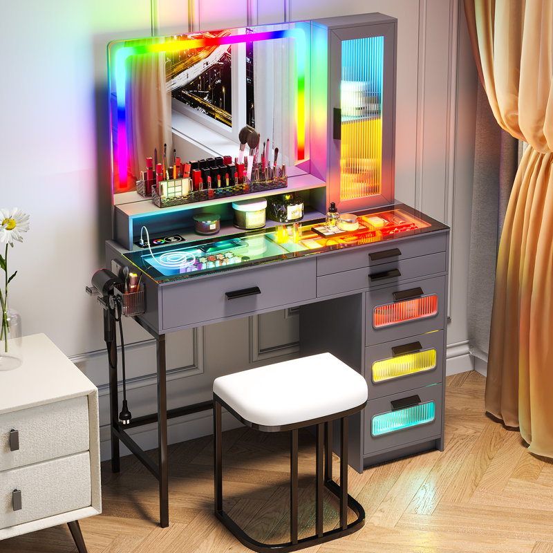 Coiffeuse avec miroir lumineux et tabouret Helenann , Gris / noir