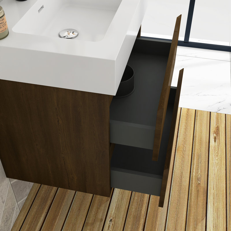 Meuble-lavabo mural simple Sherranda, H 25 po x l 24 po x P 18 po, Blanc, Noyer