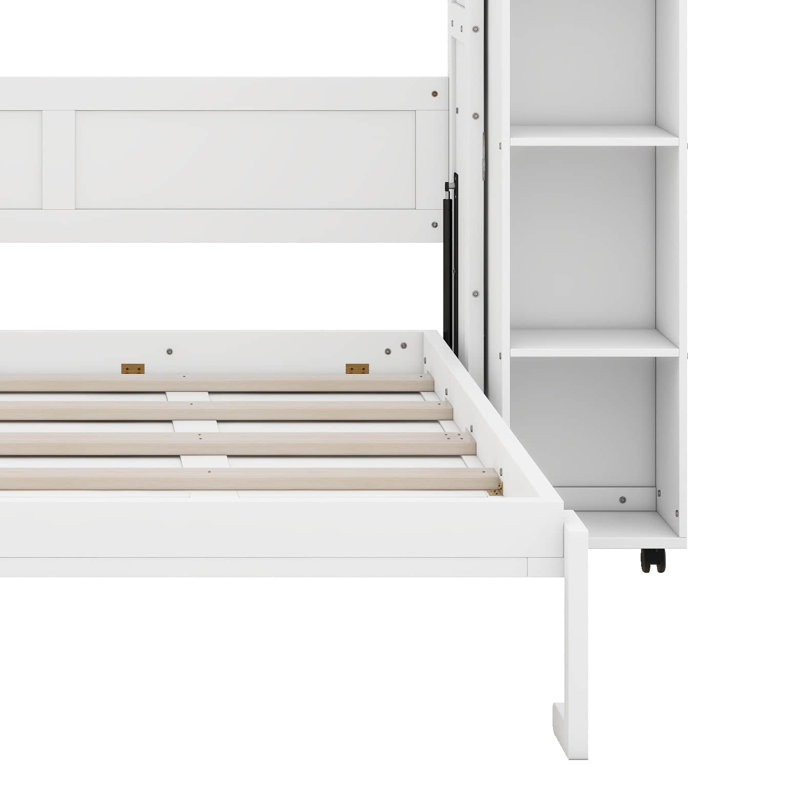 Grand lit escamotable avec tablettes de rangement à 5 niveaux, cadre de lit mural en bois, cadre de lit caché, Blanc