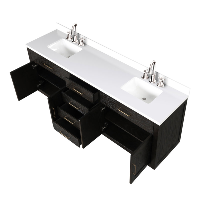 84 po L x P 22 po. Meuble-lavabo double en chêne brun, surface en quartz blanc, robinet, fermeture en douceur, panneaux en bois massif et contreplaqué 84 po, 22 po, robinets, armoire