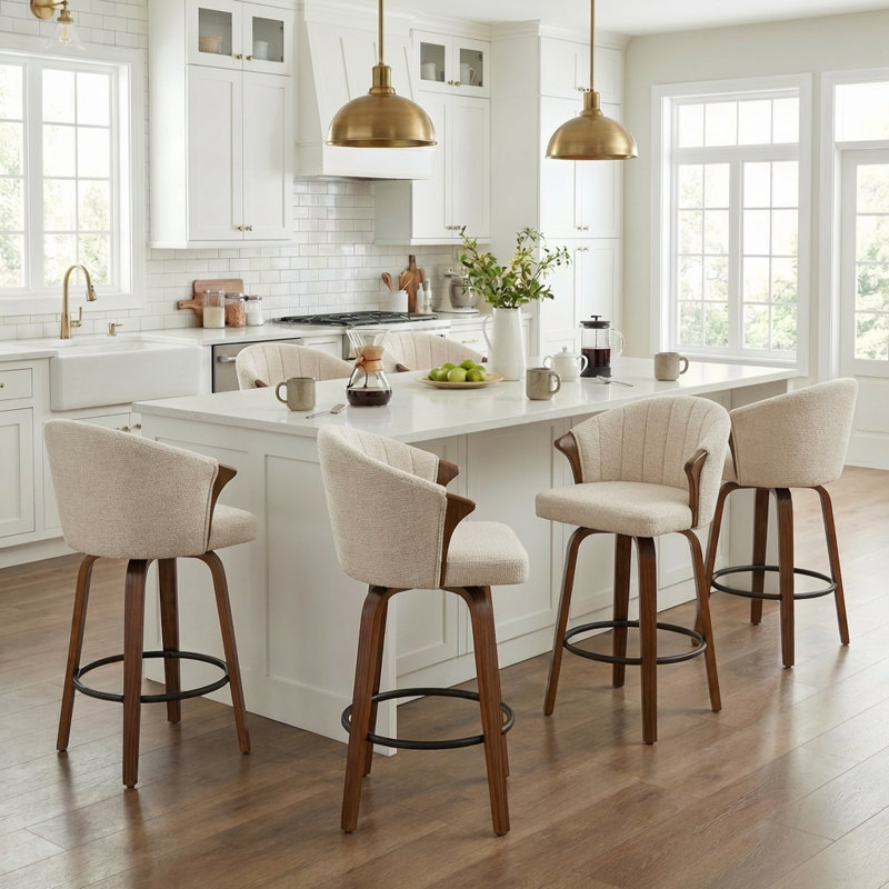 Tabouret de comptoir pivotant rembourré avec structure en bois Devault, Beige