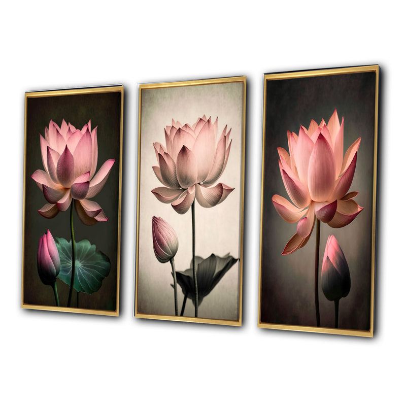 «Blossoming Pink Vintage Lotus», 3 pièces sur toile, H 20 po x l 36 po, Or