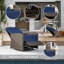 Fauteuil inclinable pivotant pour l'extérieur en osier, dossier inclinable, repose-pieds relevable, base pivotante à 360 °, coussins de patio résistants à l'eau, bleu foncé