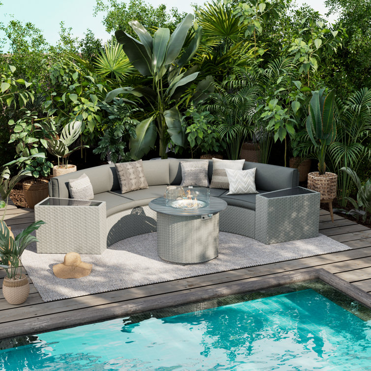 Meredithe Half-Moon 4 - Person Fully Assembled Curved Patio Conversation Set With Fire Pit Table & Side Table
