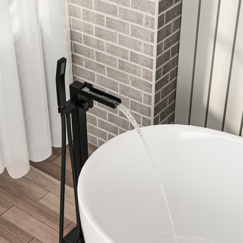 Freestanding Bathtub Faucet With Waterfall Tub Filler And Hand Shower, 360 Rotatable Spout, Dual Temperature Regulation, Brass Base Matte Black Faucet, 59" - Kink Hose, Control For Relaxing Water