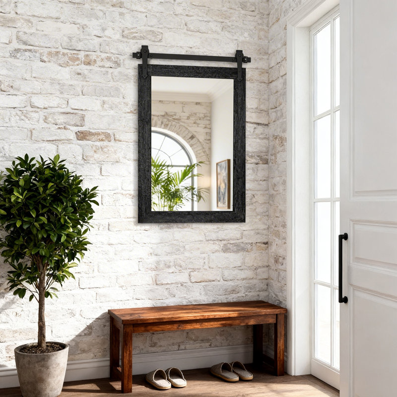 Rustic Farmhouse Solid Wood Accent Mirror Decorative Mirror Rectangle Bathroom Mirror Barn Wall Mirror, Black, 25.8" x 17.8"