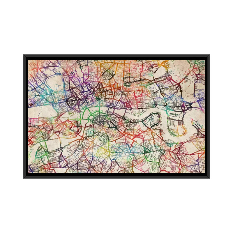 «London Map Watercolor» par Michael Tompsett, reproduction sur toile tendue, H 18 po x l 26 po x P 1,5 po, Pas de tapis