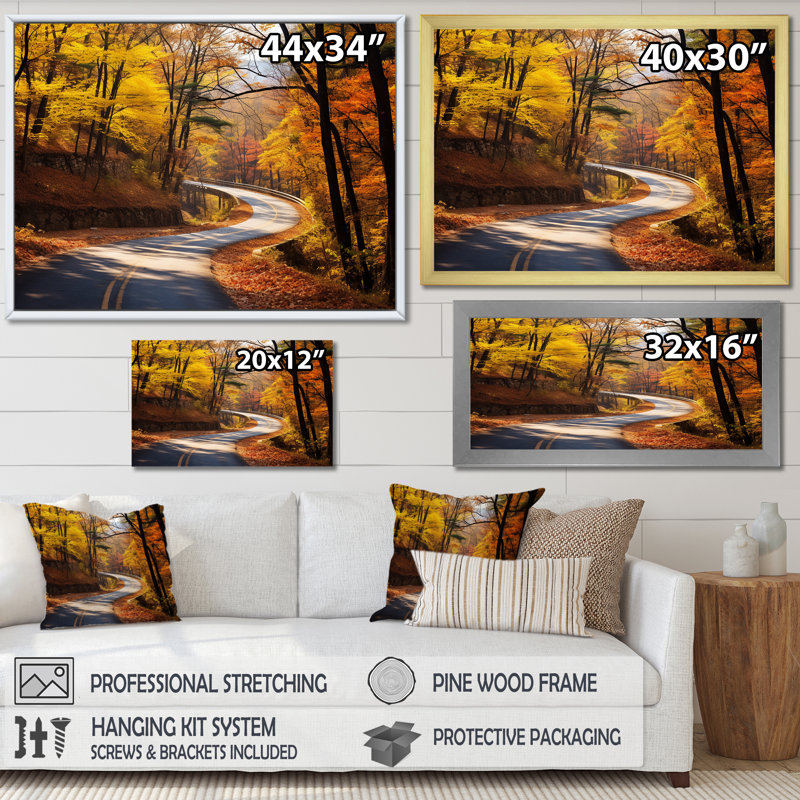Route dorée d'automne II - art mural, Toile tendue, H 12 po x l 20 po x P 1 po
