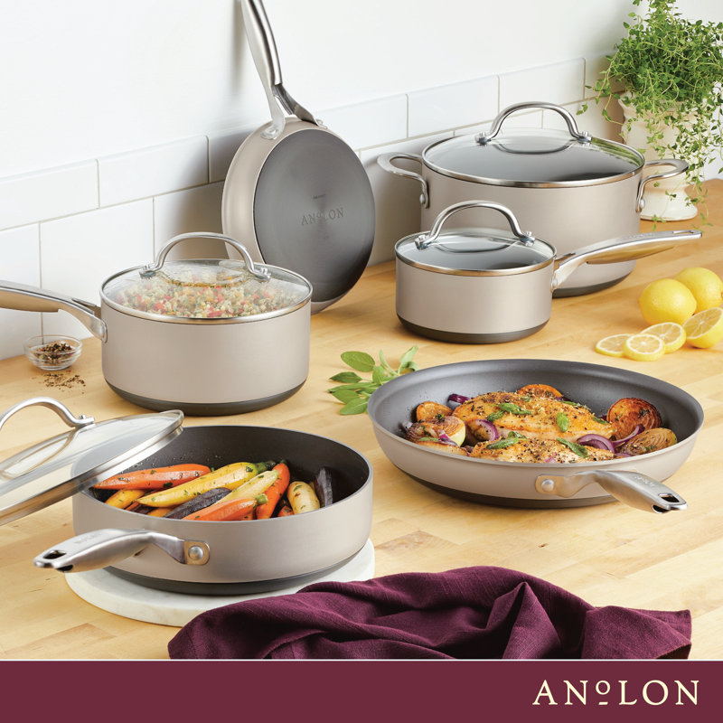 Anolon Achieve Hard Anodized Nonstick Cookware Pots and Pans Set, 10 Piece, Silver
