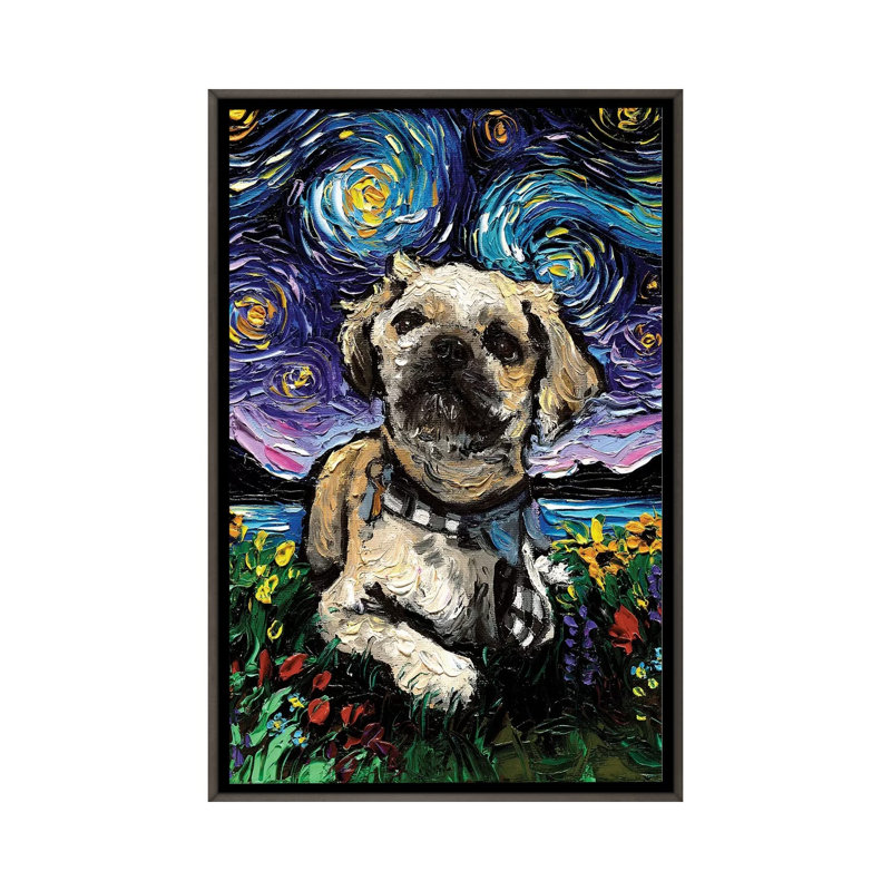 Reproduction d’art, "Shih Tzu Night III" par aja Trèves, H 26 po x l 18 po x 1,5 po, Toile encadrée de bois rustique foncé