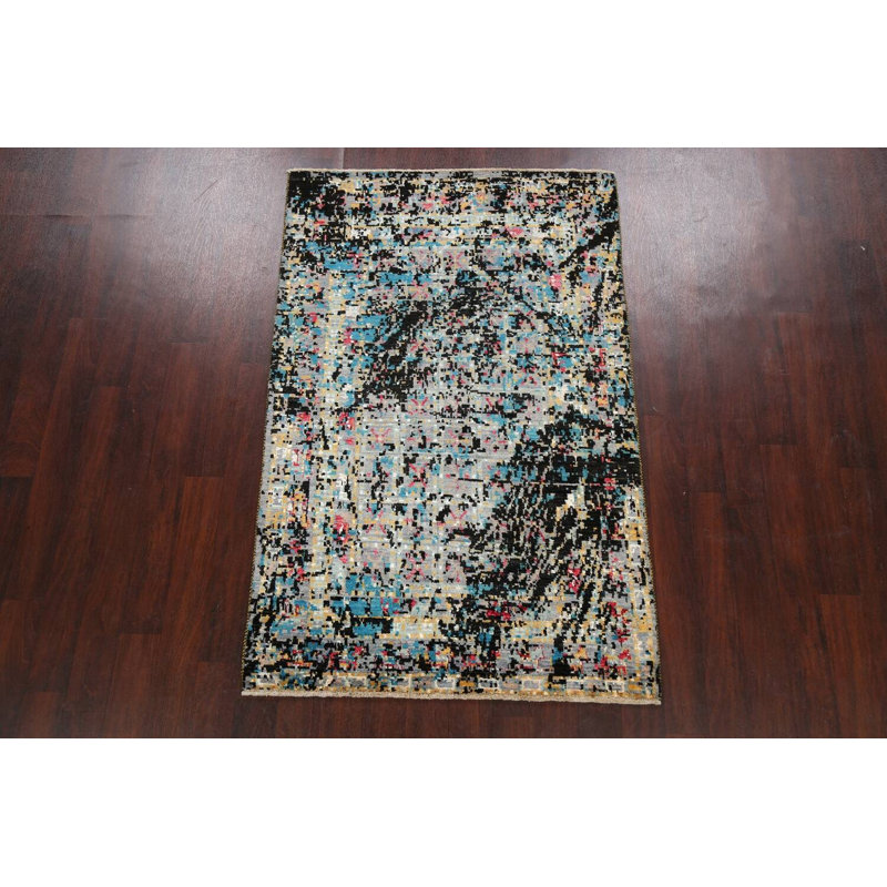 Tapis rectangulaire noir / bleu / gris / beige noué à la main 4 pi 1 po x 6 pi 3 po