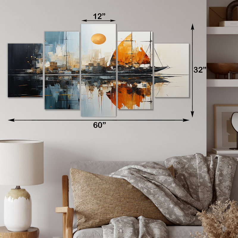«Moonlight Saiboat Collage Horizon III - Bateau à voile, ensemble d'art mural multi-panneaux