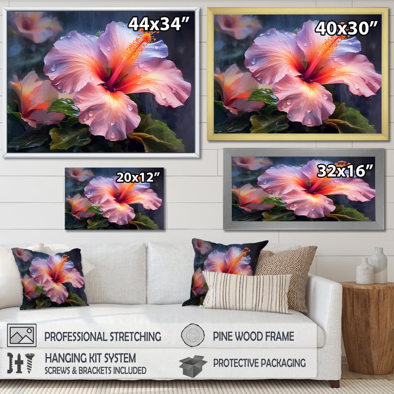 Hibiscus vibrant dans l'allure tropicale I, H 16 po x l 32 po x P 1 po, Cadre flottant blanc