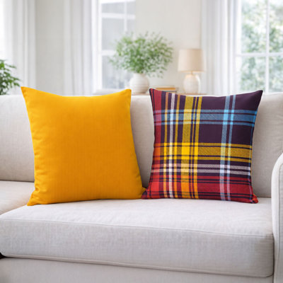 Ensemble de 2 housses de coussin décoratif, motif uni et écossais