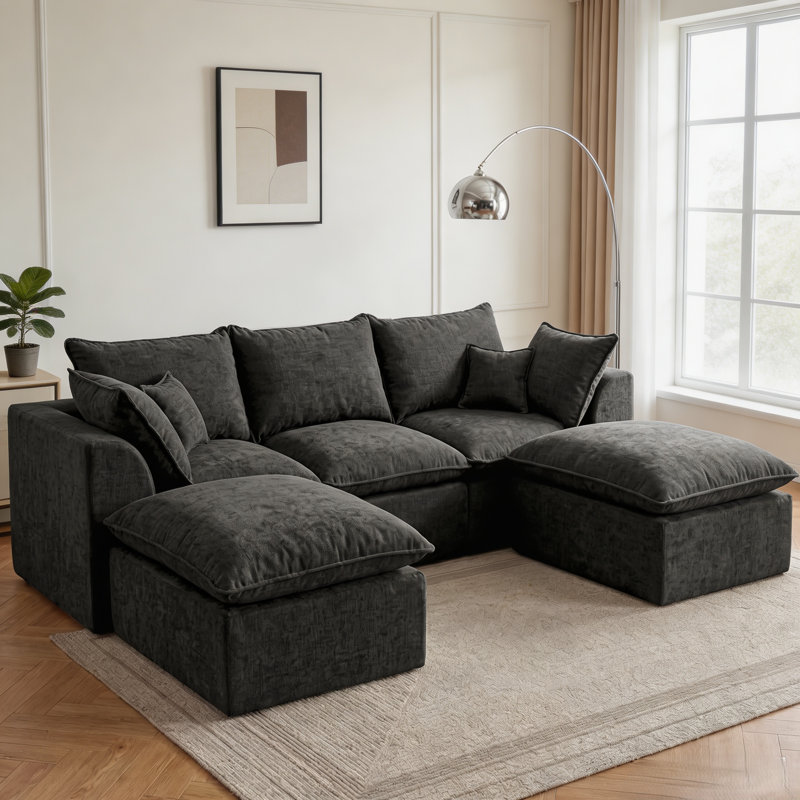 Canapé d'angle infonuagique, canapé modulable en forme de L, canapé 3 places sans structure avec 2 poufs profonds amovibles, aucun assemblage requis, noir