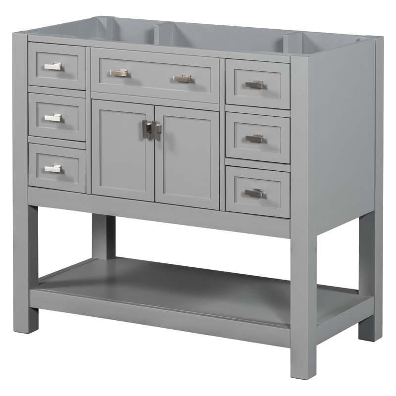 Armoire de salle de bain 36 po, gris, 6 tiroirs, 2 portes, meuble-lavabo décoratif, armoire de bain fonctionnelle