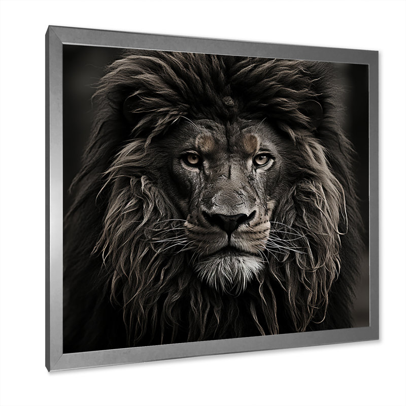 Portrait de lion noir majestueux - décoration murale animal lion, Cadre simple argenté, H 30 po x l 30 po x P 1,5 po