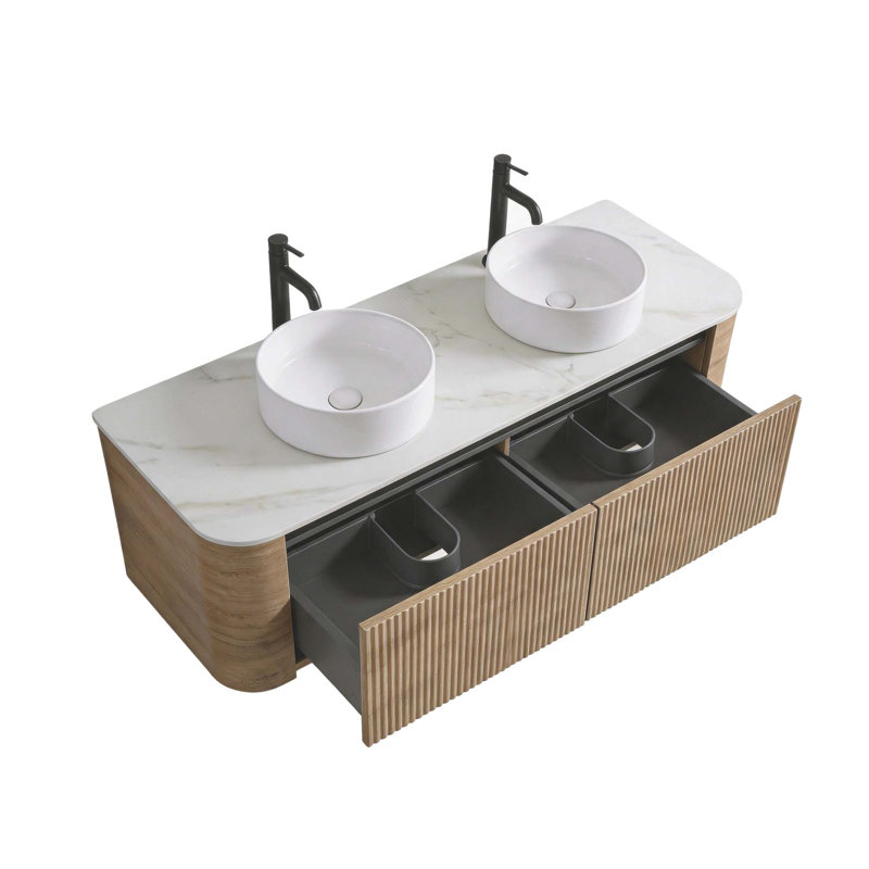 Meuble-lavabo à double lavabo élégant au design aux courbes naturelles, Chêne miel, L 71 po