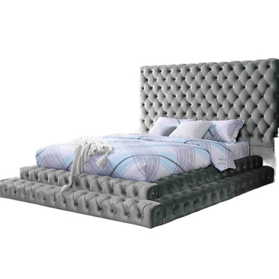 Contemporary King Size Bed With Gleam, Oversized Headboard, Gray Flannelette Upholstered, Step Up Platform, Mattress Ready Appeal, Wood Frame