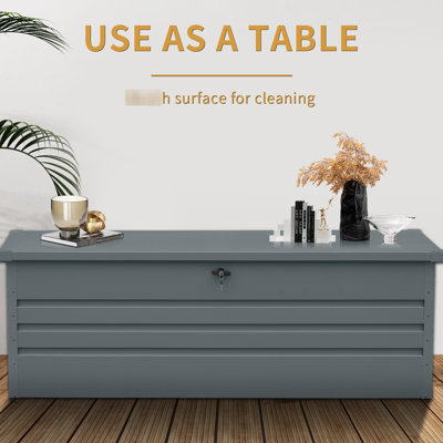 Coffre de terrasse en métal 260 gallons - imperméable et verrouillable. Très grand rangement pour patio, jardin, piscine. Gris foncé Variations météorologiques. Système de fermeture par l'utilisateur. Conception de table polyvalente. Assemblage simple