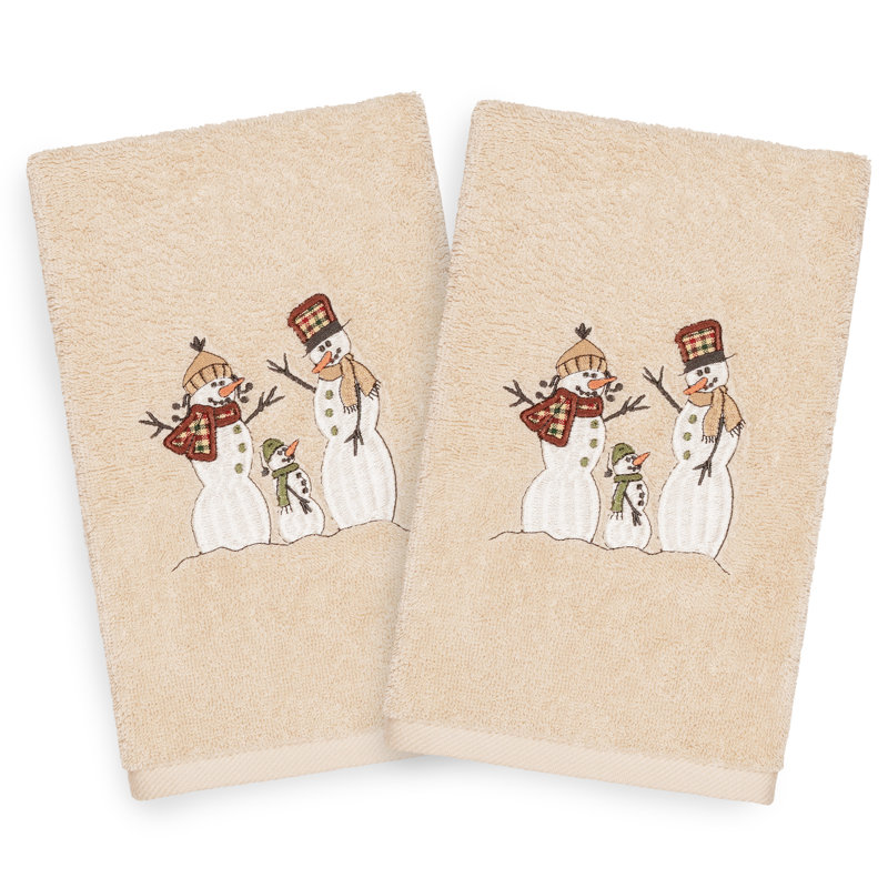 Christmas Snow Family Embroidered Luxury 2 Piece Turkish Cotton Hand towel Set, Sand