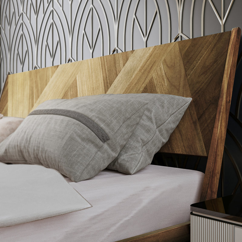 Gazelle Solid Wood Bed Frame with Artistic Patterned Headboard, King size bed frame, Walnut, King, Walnut