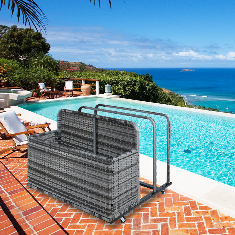 Panier de rangement extérieur double couche, coffre de terrasse en rotin PE imperméable avec roues, pour flotteurs de piscine, jouets et coussins, gris dégradé